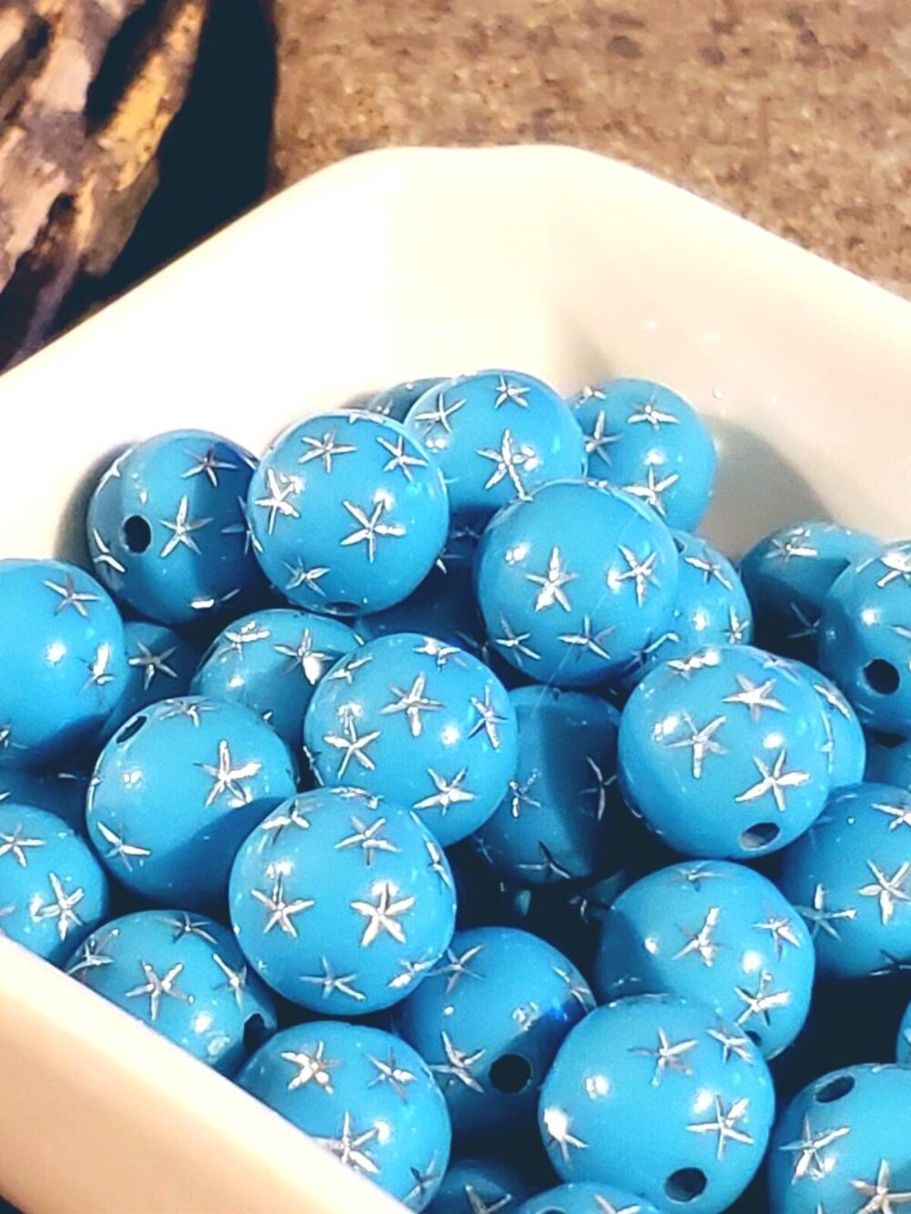 Vintage Retro Turquoise Silver Stars 12mm Round Acrylic Shabby Chic Beads 10 pcs